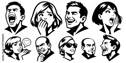 Diverse human facial expressions and emotions set. Collection of vector avatars with different moods in comic style.