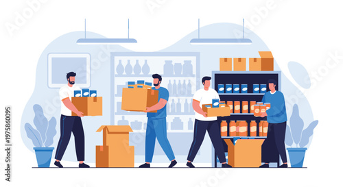 Team of dedicated volunteers working together to pack and organize boxes of food in a community charity warehouse.