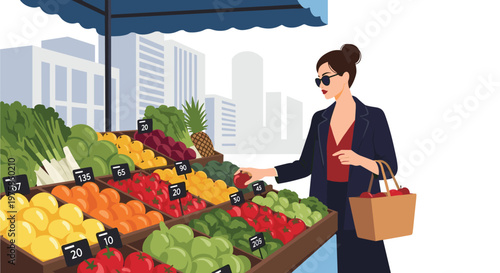 Elegant woman wearing sunglasses and a blazer selecting fresh red apples at a vibrant outdoor vegetable market.