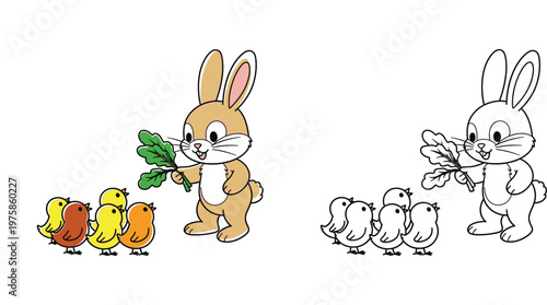 Cute Cartoon Bunny Feeding Baby Chicks Vector Illustration. Includes Colorful Version and Black and White Outline for Kids Coloring Book Page.