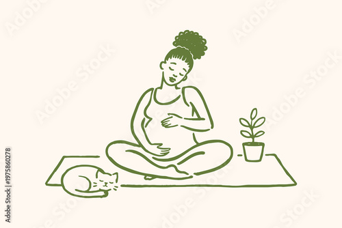 Pregnant woman practicing yoga naive doodle vector illustration