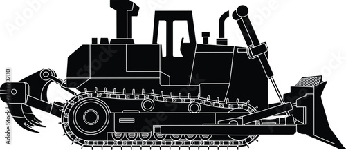 A detailed black and white silhouette of a heavy industrial bulldozer with a large front blade and rear ripper isolated on white for construction.