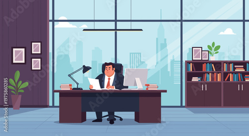 Successful executive businessman reviewing documents while sitting at his desk in a large luxury corner office.