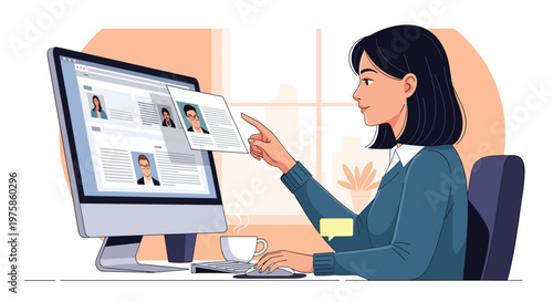 Professional HR manager reviewing job applications and resumes on a large computer screen in a modern office.