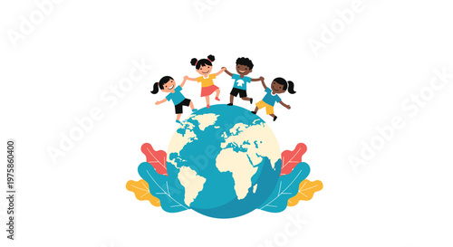 Diverse children of different ethnicities holding hands while standing on top of the globe to symbolize unity.