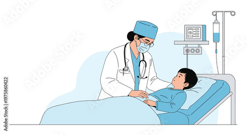 Caring female doctor wearing a mask and cap comforts a young boy resting in a hospital bed during his medical recovery.