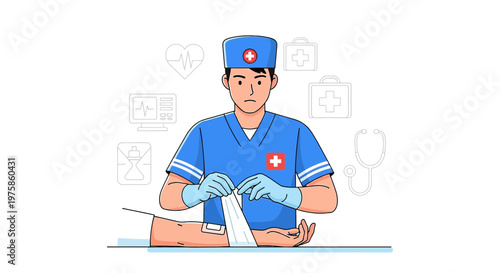 Doctor Applying Bandage to Patient's Arm, Medical Care and First Aid Concept