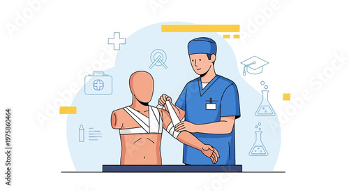 Doctor applying bandage to patient's arm, medical education and care concept
