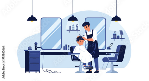 Professional barber carefully cutting a young boy's hair inside a modern barbershop with large mirrors and styling tools.