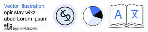 Financial analytics, global trade, language services, business solutions, information exchange, cross-border communication. Dollar sign, pie chart open book. Financial analytics and global trade