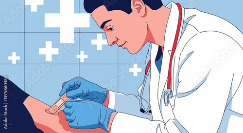 Doctor Applying Bandage to Patient's Arm, Medical Crosses Background