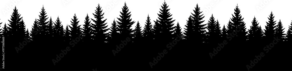Obraz premium Seamless vector silhouette of a dense pine forest line, creating a minimalist natural border against a clean white background.