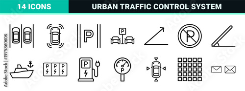 Minimalist parking and transport line icons set for mobile app and web interface.