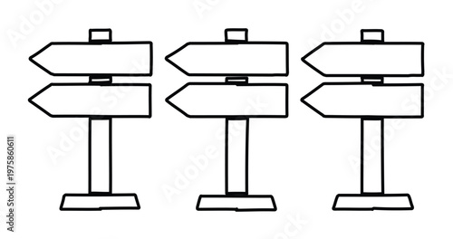 Hand drawn wooden signpost vector set, blank directional arrow signs for navigation, rustic black and white sketch of three road sign icons