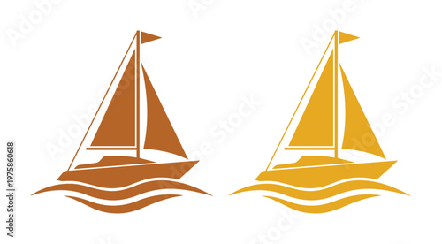 Minimalist sailboat vector icons in brown and gold, elegant yacht silhouettes on ocean waves, nautical sailing boat emblems for travel branding