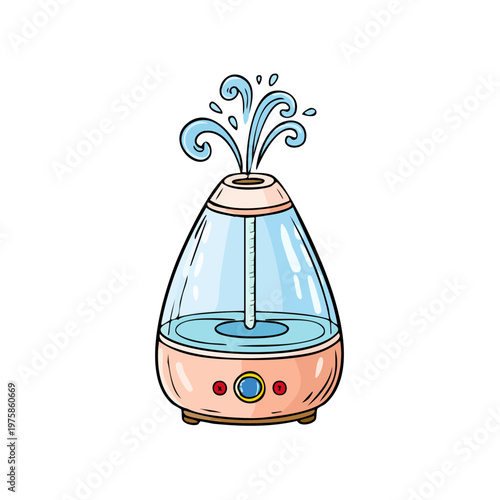 Cartoon humidifier misting water vapor for air, aromatherapy, and humidification