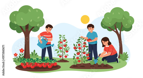 Group of children working together in a vegetable garden to water and harvest ripe red tomatoes on a sunny summer day.