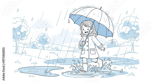 Joyful little girl wearing a raincoat and boots while walking with an umbrella and splashing in puddles on a rainy day.