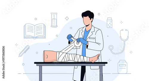 Doctor Applying Bandage to Patient's Leg in Medical Clinic