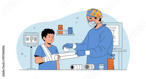 Doctor applying cast to child's injured arm in medical clinic