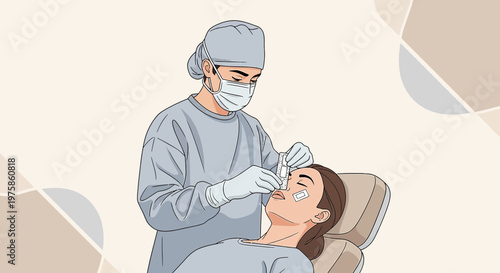 Doctor applying bandage to patient's nose after cosmetic surgery in operating room