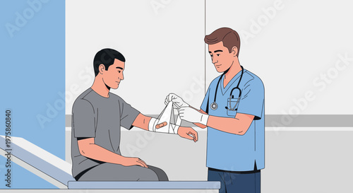 Doctor Applying Cast to Patient's Injured Arm in Medical Clinic