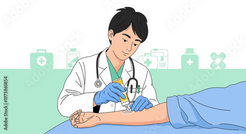 Doctor applying cream to patient's arm, medical treatment, healthcare concept