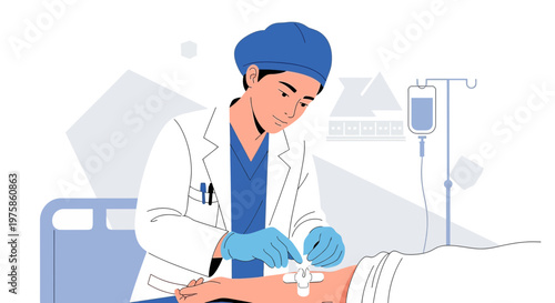 Doctor Applying IV Drip to Patient in Hospital Bed, Medical Procedure