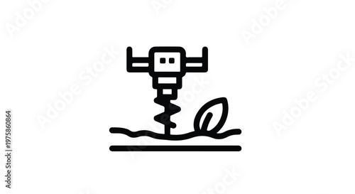 Black Outline Drilling Machine Planting Seedling Vector Icon