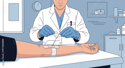 Doctor Applying IV Drip to Patient's Arm in Medical Clinic