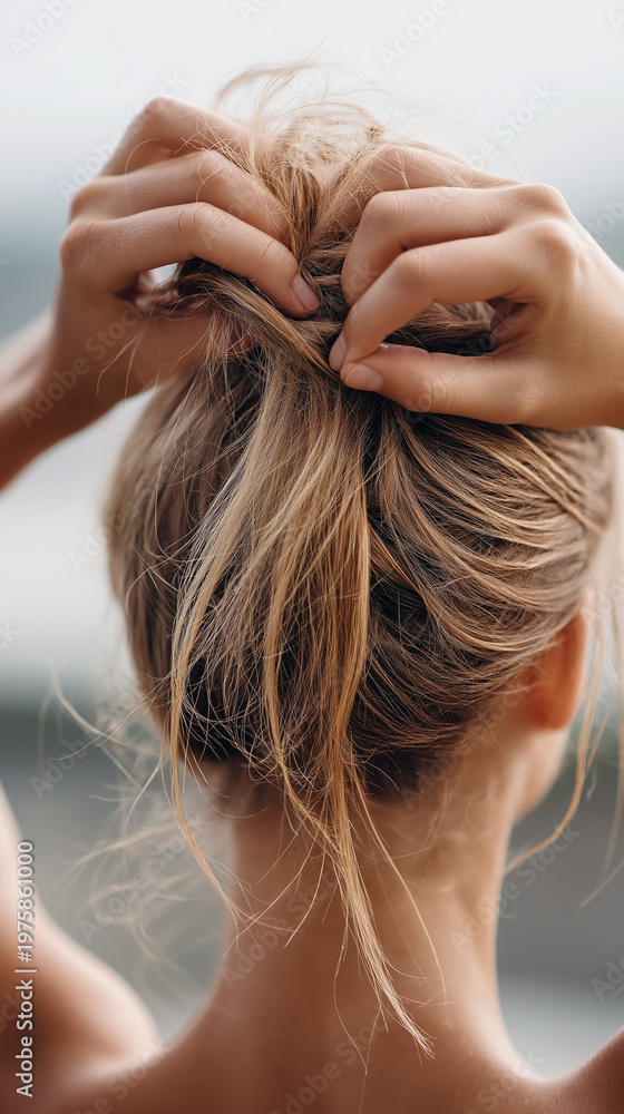 Naklejka premium Blonde Woman Securing Ponytail Before Run, Hands Fasten Elastic Against Soft Sky, Poised For Outdoor Training With Windswept Strands And Focused Posture, Energetic Mood And Sporty Preparation.