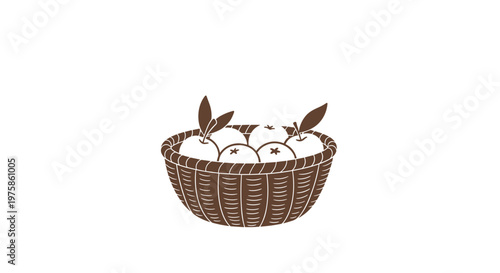 Rustic woven basket filled with several fresh apples with leaves illustrated in a simple and clean brown silhouette style.