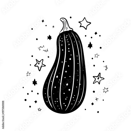 Whimsical black and white illustration of a long striped squash adorned with sparkling stars and dots