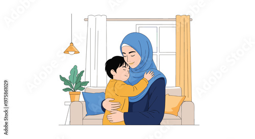 Muslim mother wearing a blue hijab sharing a loving hug with her young son in a comfortable and cozy home setting.