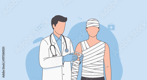 Doctor Bandaging Injured Patient's Arm and Head, Medical Care Concept