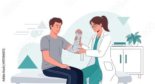 Doctor Bandaging Patient's Arm in Medical Office