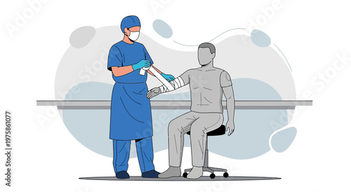 Doctor Bandaging Patient's Arm in Medical Facility