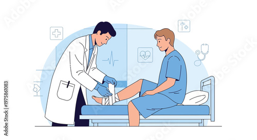 Doctor Bandaging Patient's Injured Ankle in Medical Clinic