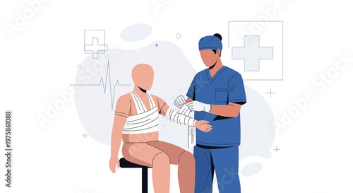 Doctor Bandaging Patient's Injured Arm in Medical Clinic