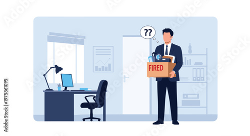 Stressed businessman carrying a box of personal belongings after being fired from his job in a modern office building.