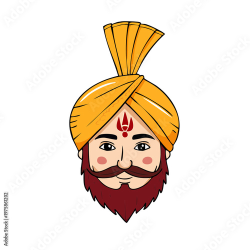Man wearing a traditional yellow turban with a red mark on forehead, cartoon illustration