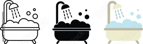 Minimalist bathtub icon set, modern bathroom shower with soap bubbles vector, black and white outline and flat color bath symbols for web design
