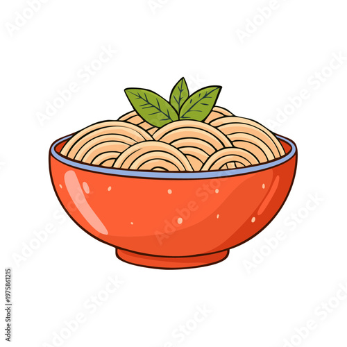 Whimsical cartoon illustration of a bowl of delicious spaghetti with fresh green basil leaves on top.