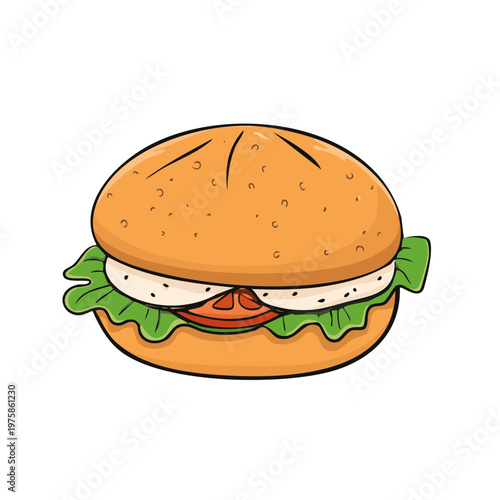 Simple Hand Drawn Cheeseburger with Lettuce and Tomato Illustration
