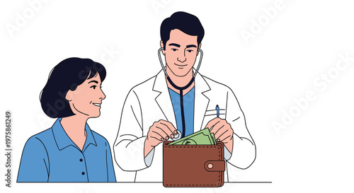 Professional doctor using a stethoscope on a leather wallet full of cash to represent the high costs of healthcare.