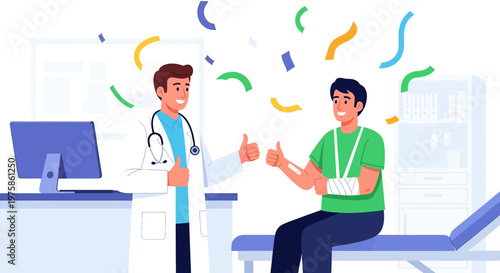 Doctor congratulates patient with arm cast, celebrating recovery with confetti