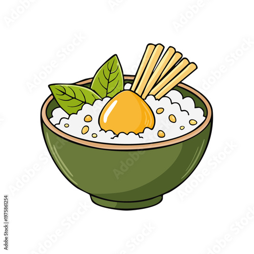 Illustration of a delicious bowl of white rice topped with a golden egg yolk, herbs, and lemongrass stalks