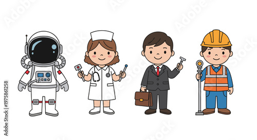 Characters representing diverse career paths including an astronaut, a nurse, a businessman, and a construction worker.