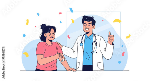 Doctor congratulates patient after vaccination, confetti celebration