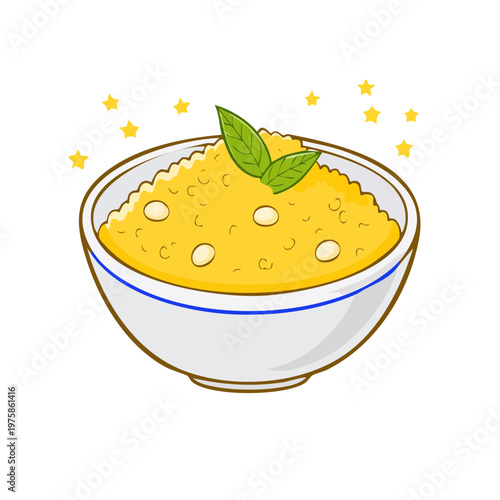 Whimsical Yellow Porridge Bowl with Mint Leaves and Stars